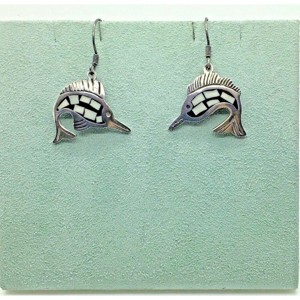 Taxco Sailfish Swordfish Marlin Earrings Sterling Silver MOP Onyx Inlay